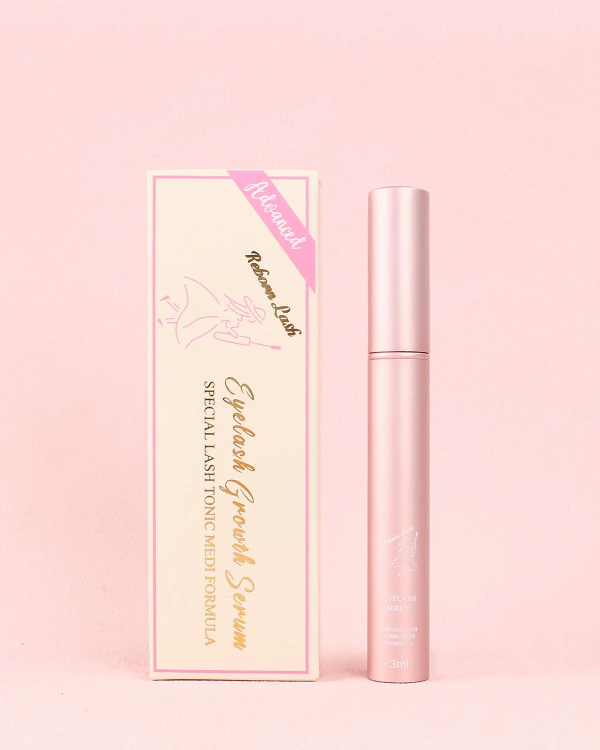 Reborn Eyelash Growth Serum with its pink and gold packaging
